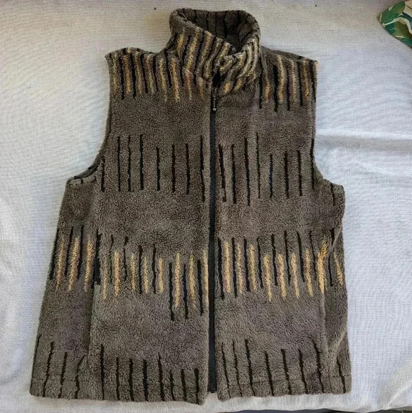 Sherpa Vest Brown Print Pattern Detail Duffel Size M - Picture 1 of 4